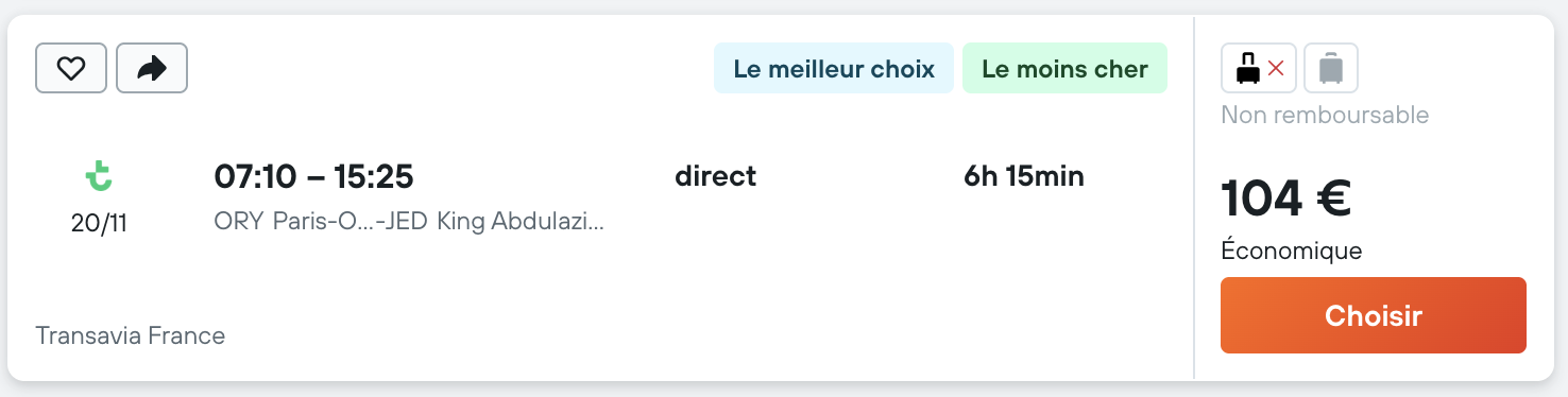 Aller simple de Paris vers Djeddah le 20 Novembre