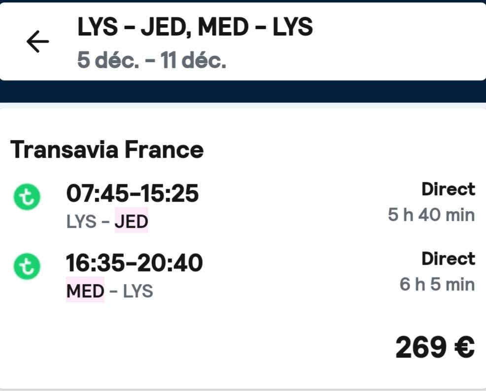 Lyon ➡️ Jeddah le 5 décembre. ▪︎ Médine ➡️ Lyon le 11 décembre.