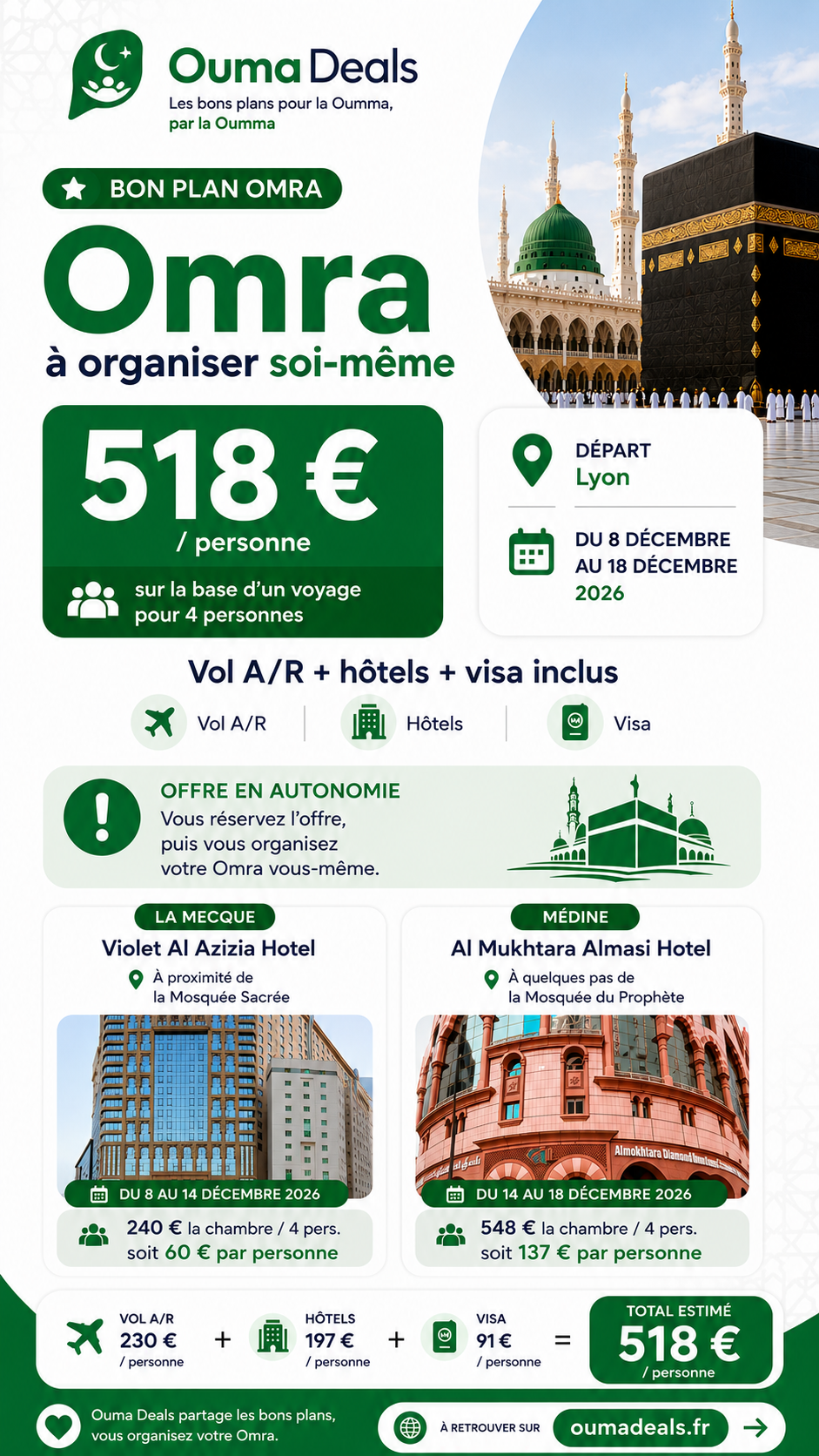 Omra du 8 au 18 décembre 2026 – Départ de Lyon 518 euros par personne